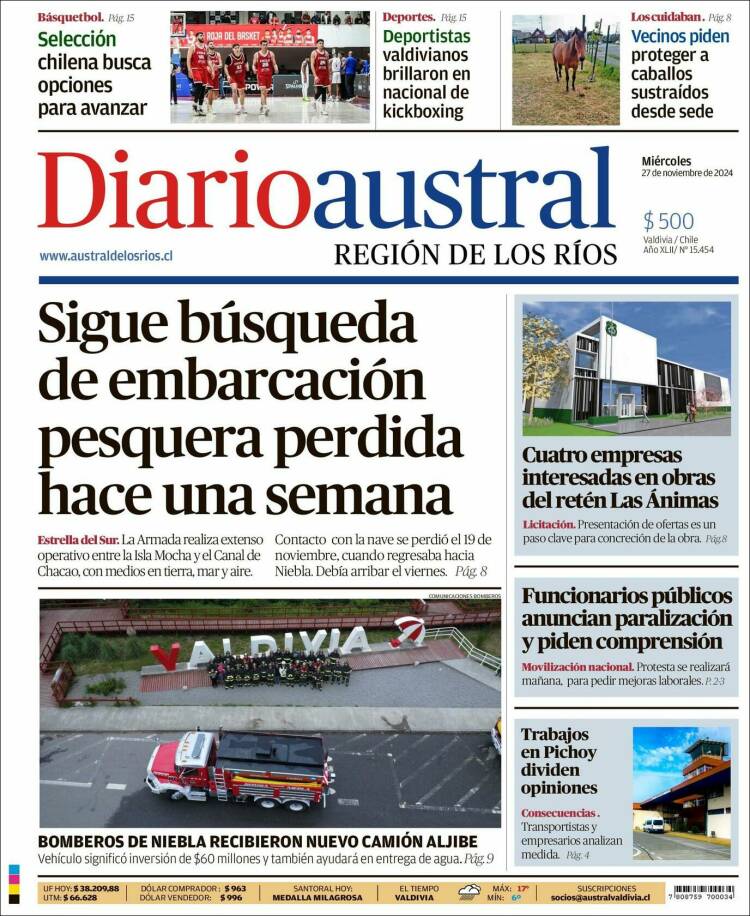 Portada de El Diario Austral de Valdivia (Chile)