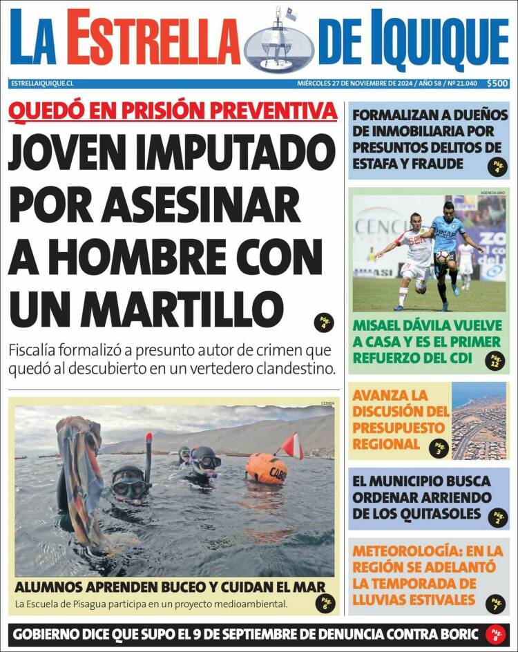 Portada de La Estrella de Iquique (Chile)
