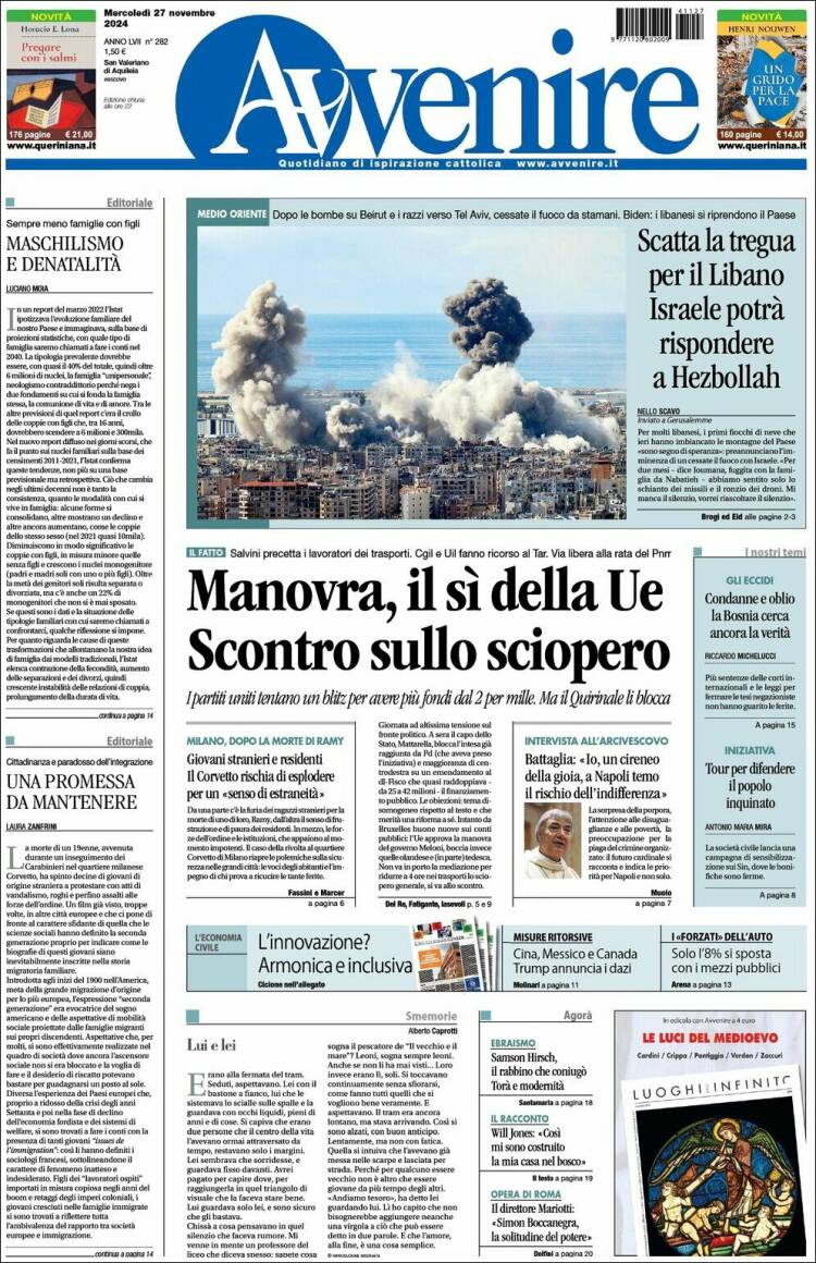 Portada de Avvenire (Italia)