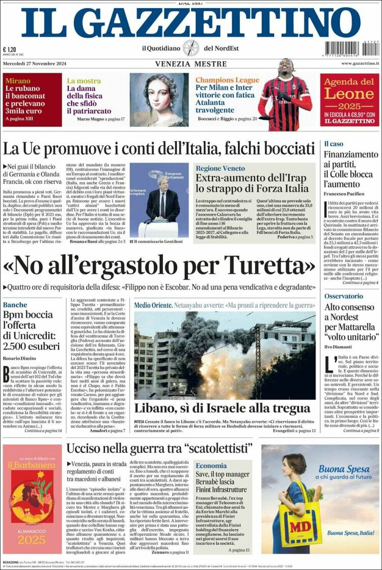 Portada de Il Gazzettino (Italia)