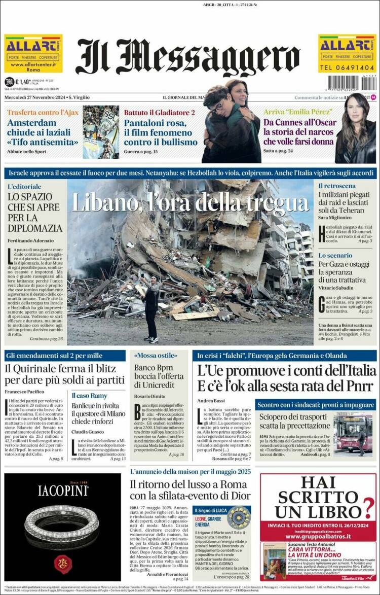 Portada de Il Messaggero (Italia)