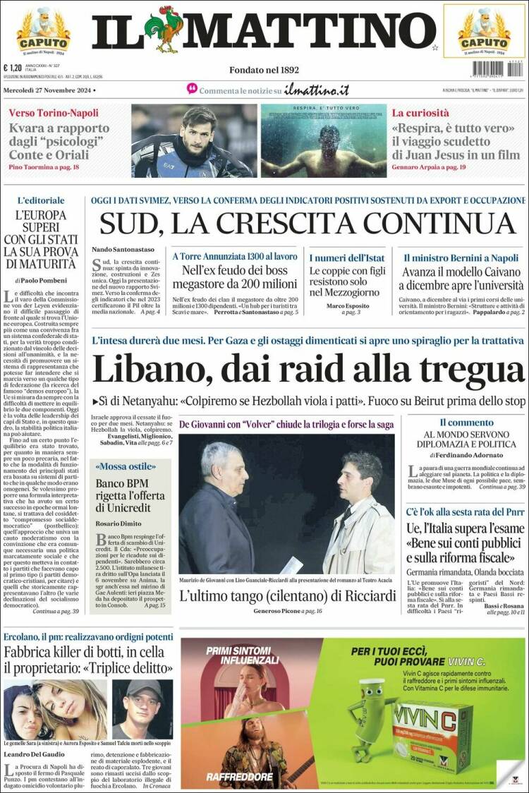 Portada de Il Mattino (Italia)