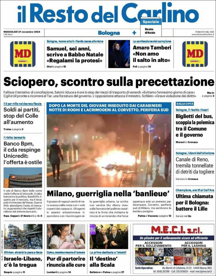Portada de Il Resto del Carlino (Italia)