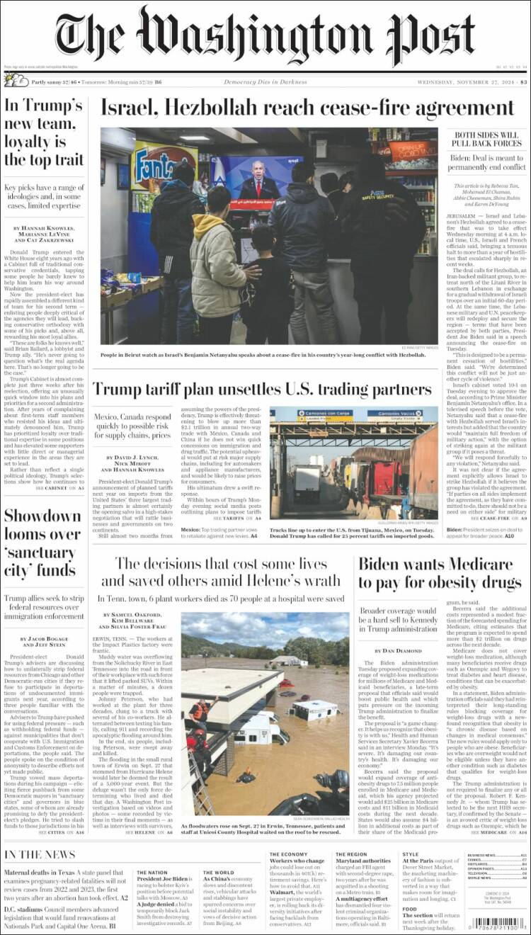 Portada de The Washington Post (USA)