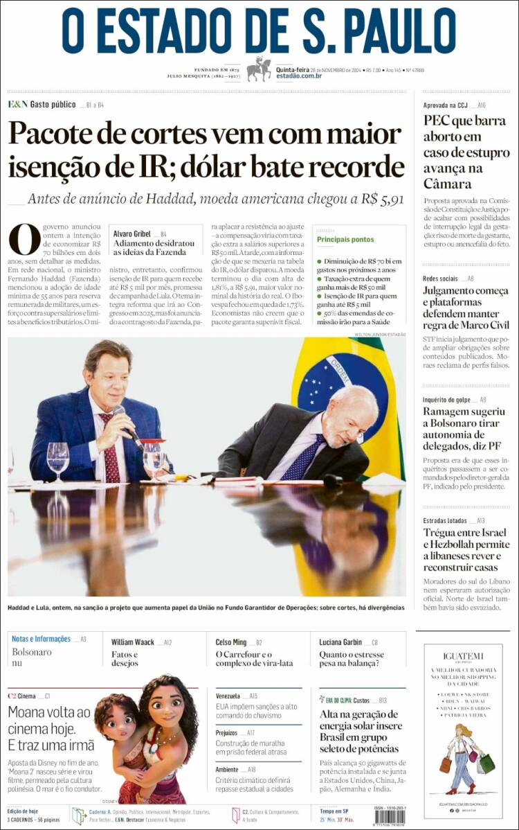 Portada de O Estado de São Paulo (Brasil)