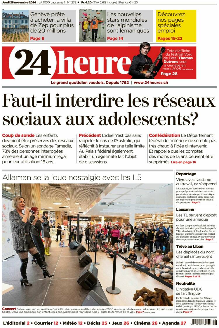 Portada de 24 Heures (Suiza)
