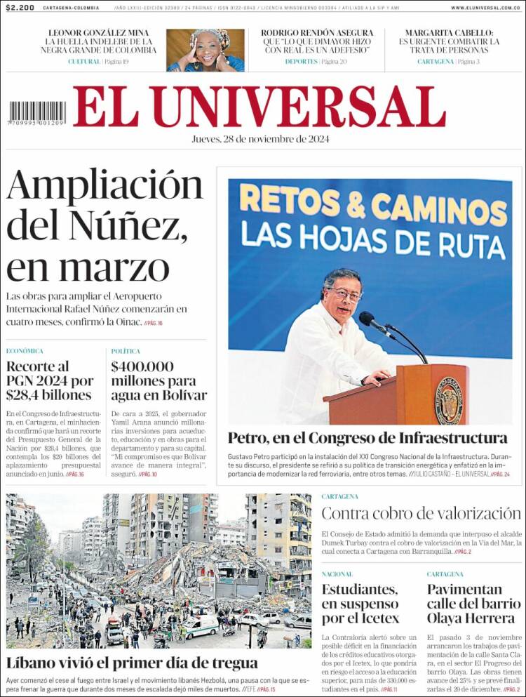 Portada de El Universal (Colombia)