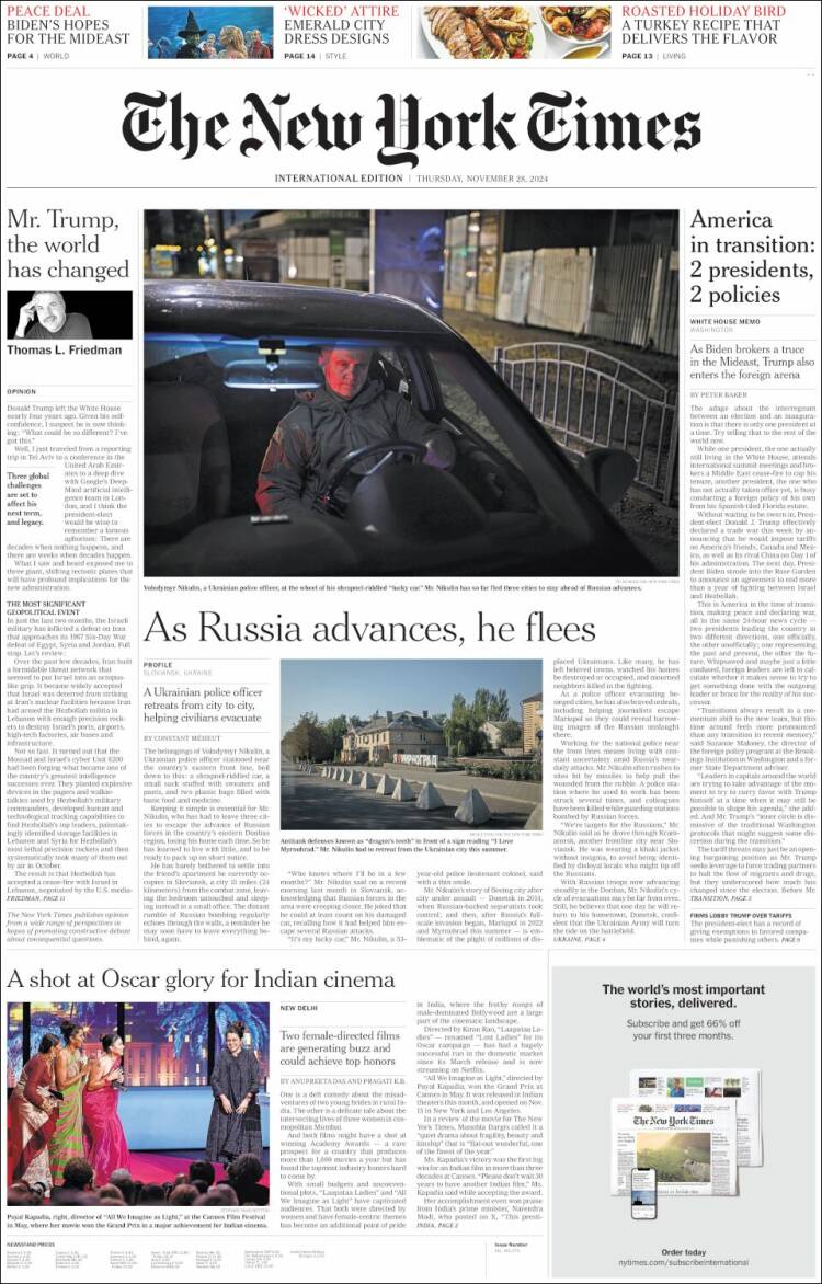 Portada de International New York Times (Europa)
