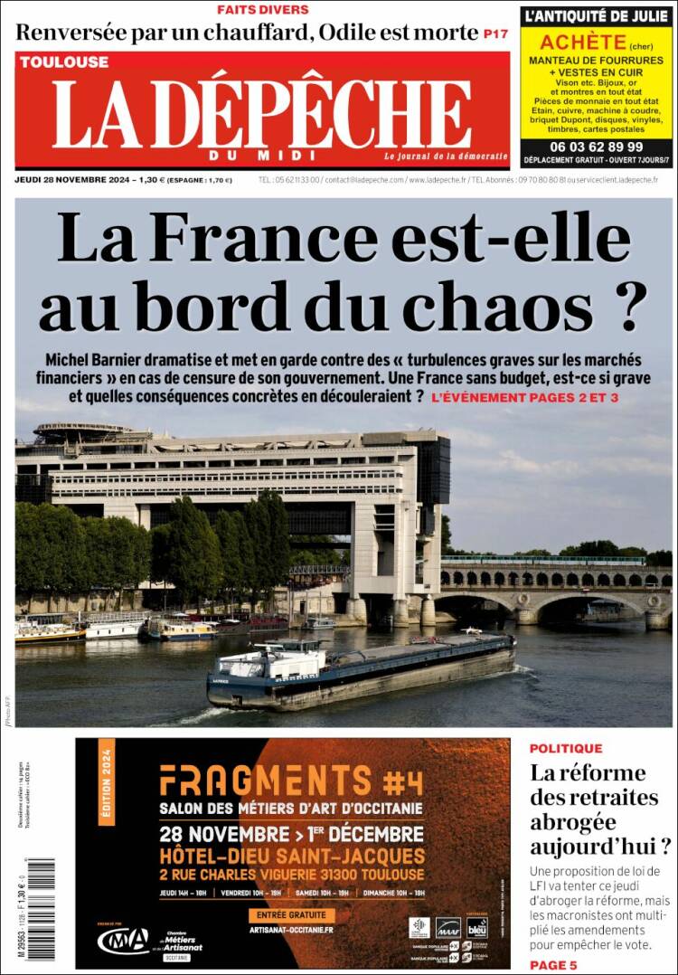 Portada de La Dépêche du Midi (Francia)