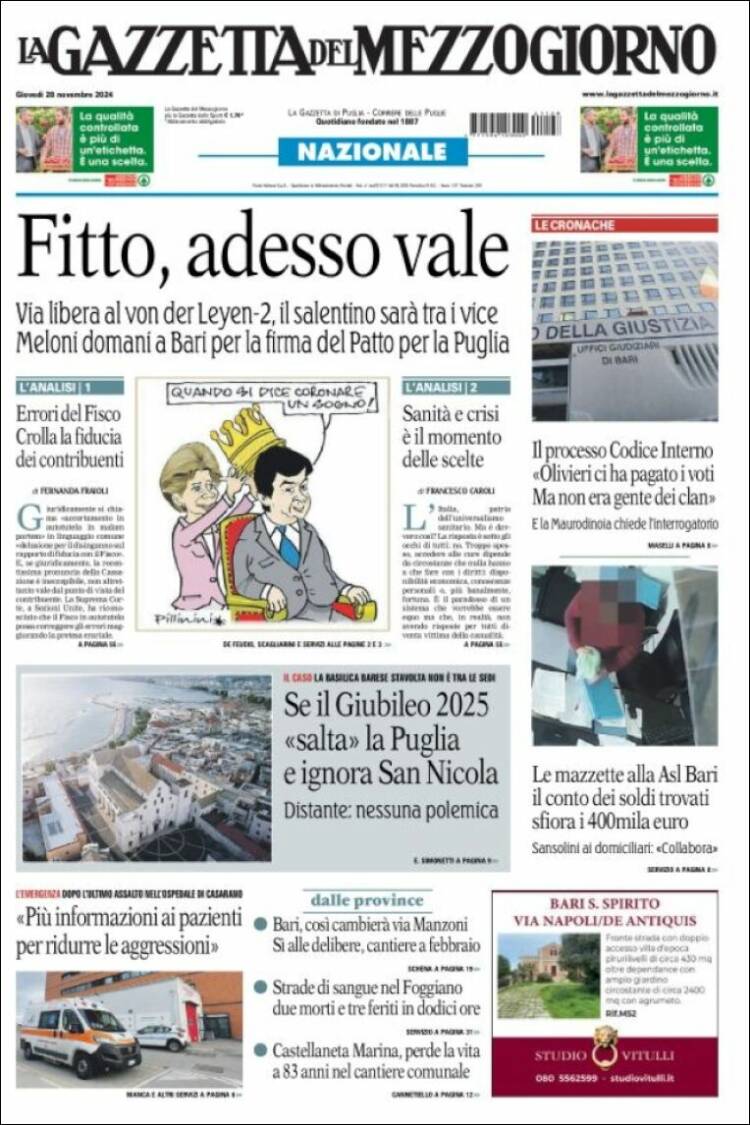 Portada de La Gazzetta del Mezzogiorno (Italia)