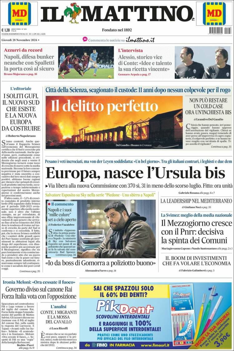 Portada de Il Mattino (Italia)