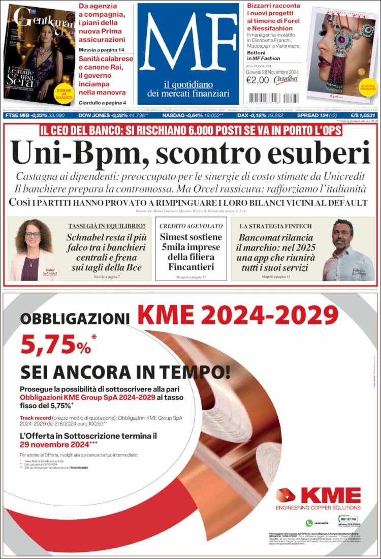 Portada de Milano Finanza (Italia)