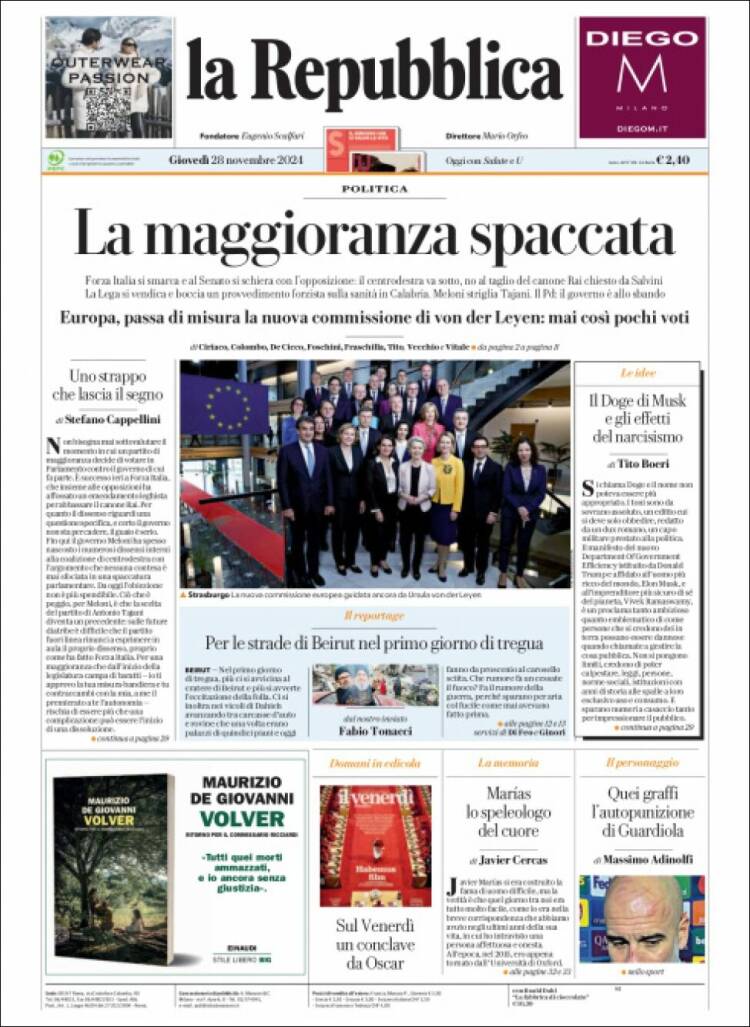 Portada de La Repubblica (Italia)