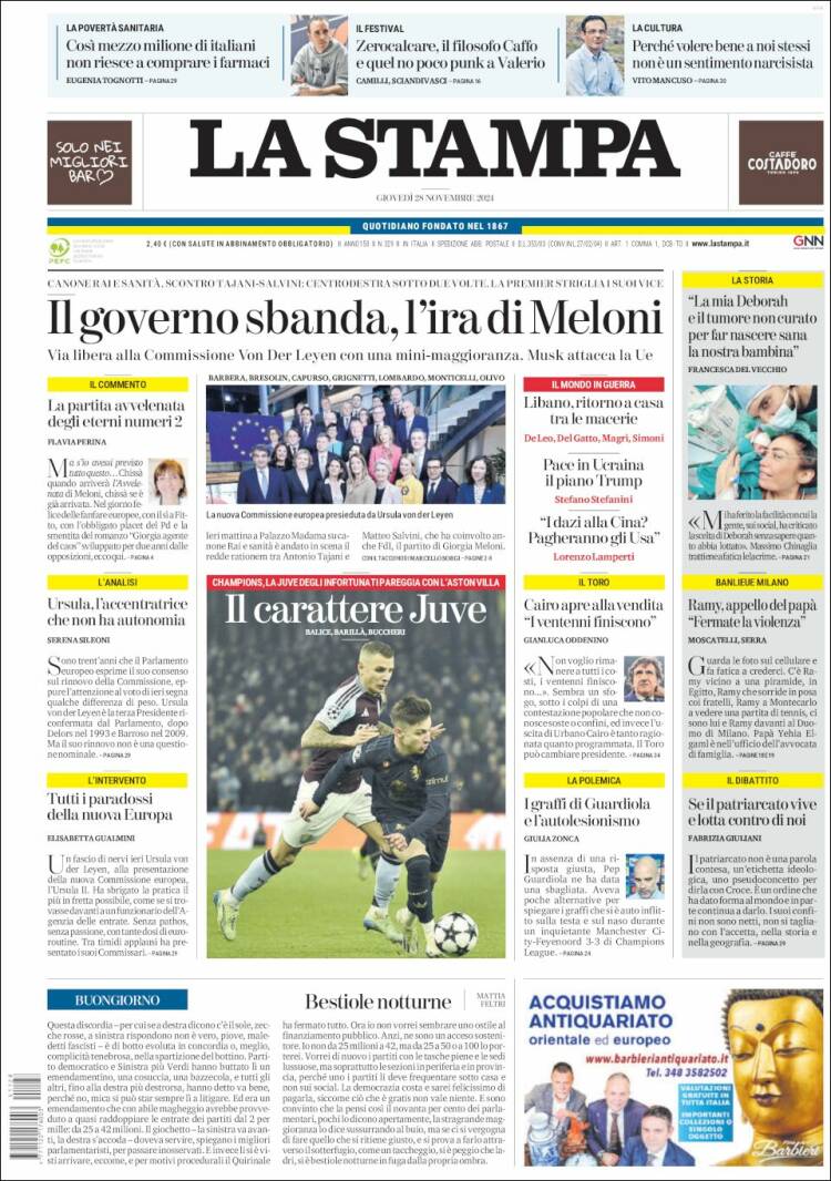 Portada de La Stampa (Italia)