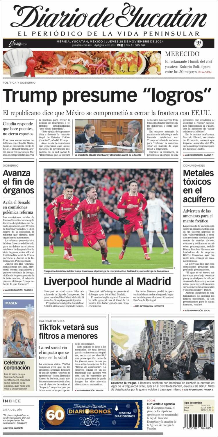 Portada de Diario de Yucatán (México)