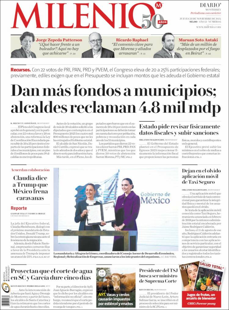 Portada de Milenio de Monterrey (México)