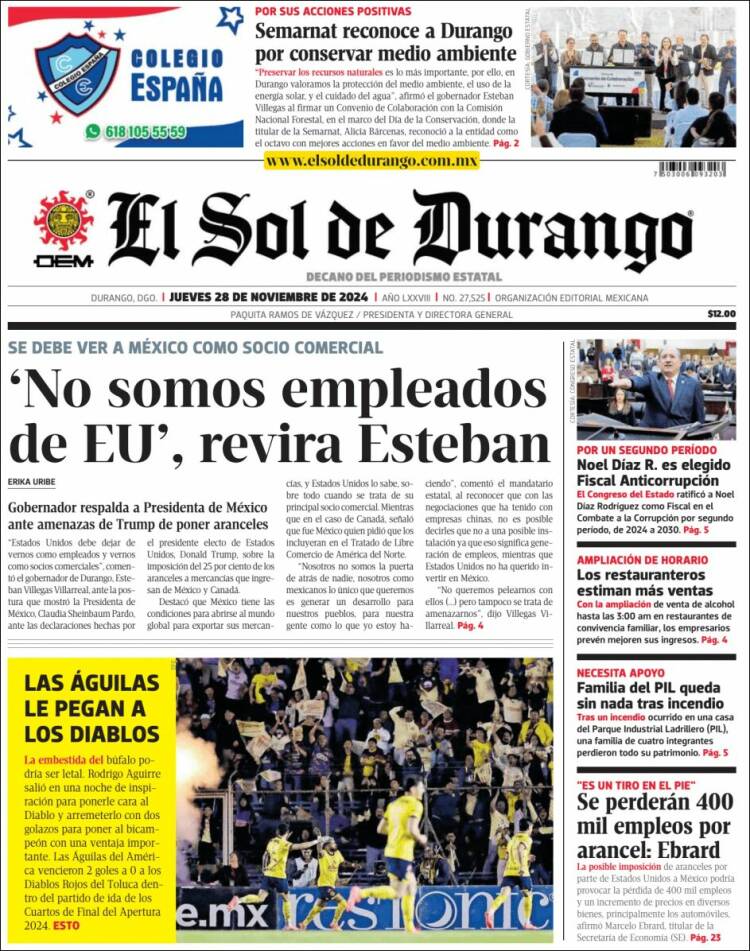 Portada de El Sol de Durango (México)