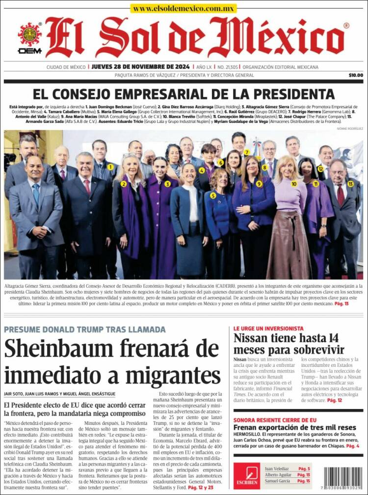 Portada de El Sol de México (México)