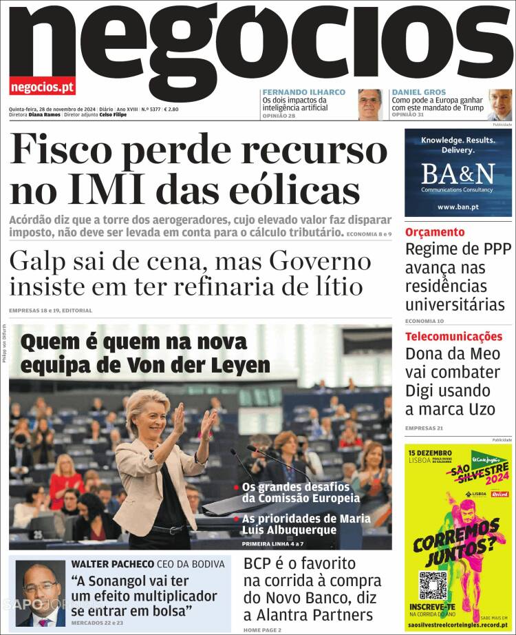 Portada de Jornal de Negócios (Portugal)
