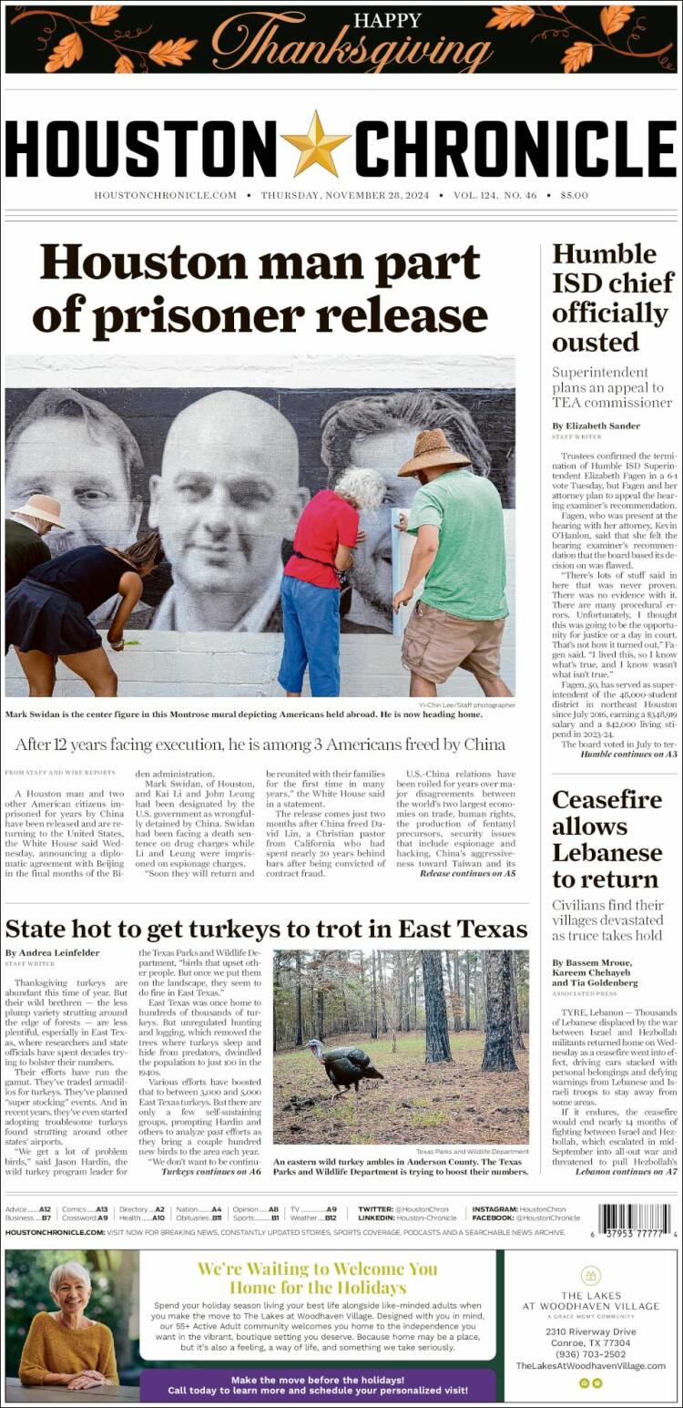 Portada de Houston Chronicle (USA)