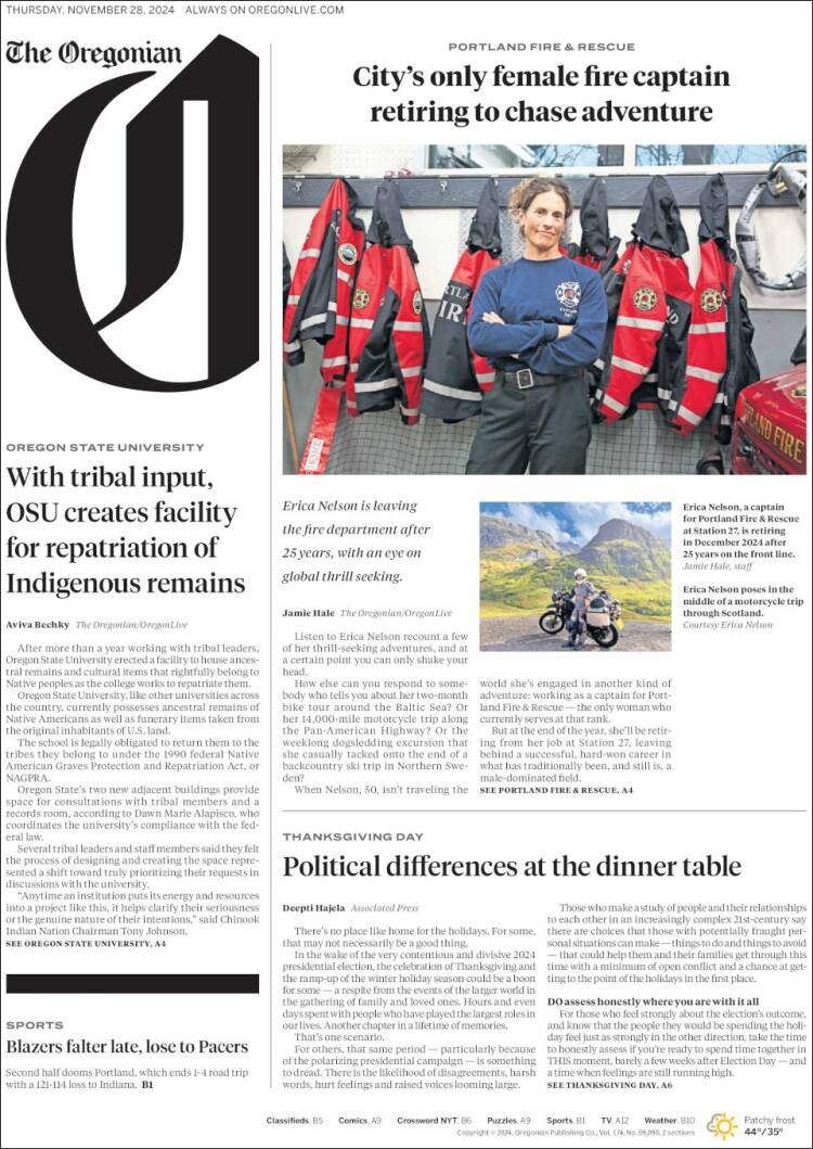 Portada de The Oregonian (USA)