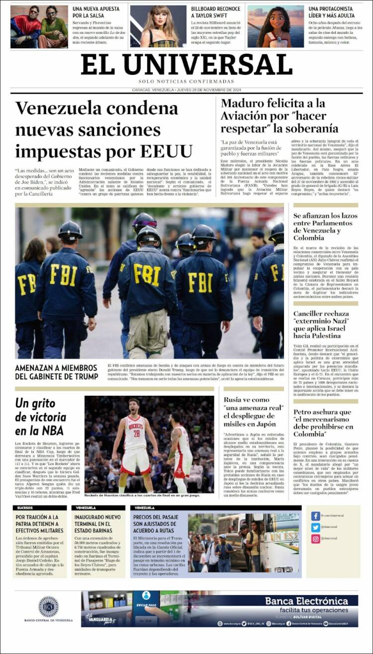 Portada de Universal (Venezuela)