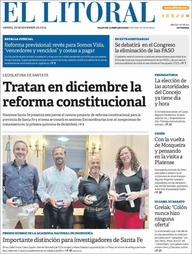 Portada de Diario El Litoral (Argentina)