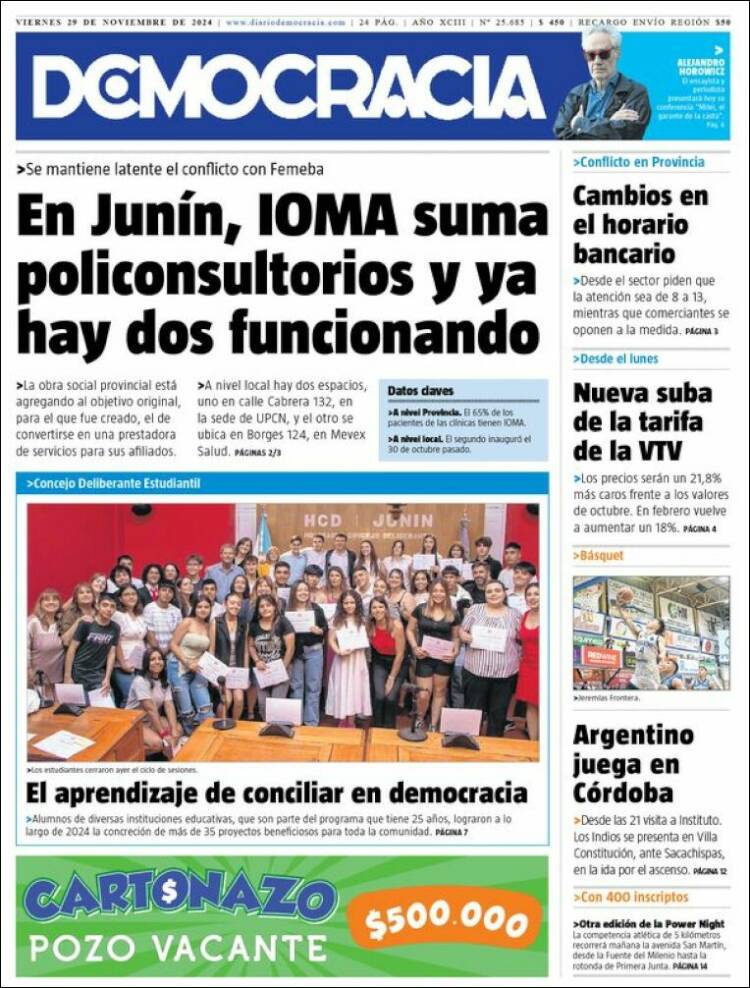 Portada de Diario Democracia (Argentina)