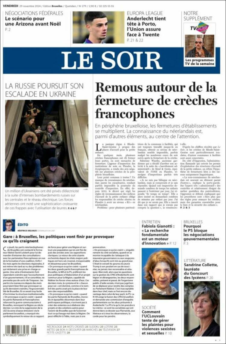 Portada de Le Soir (B&eacute;lgica)