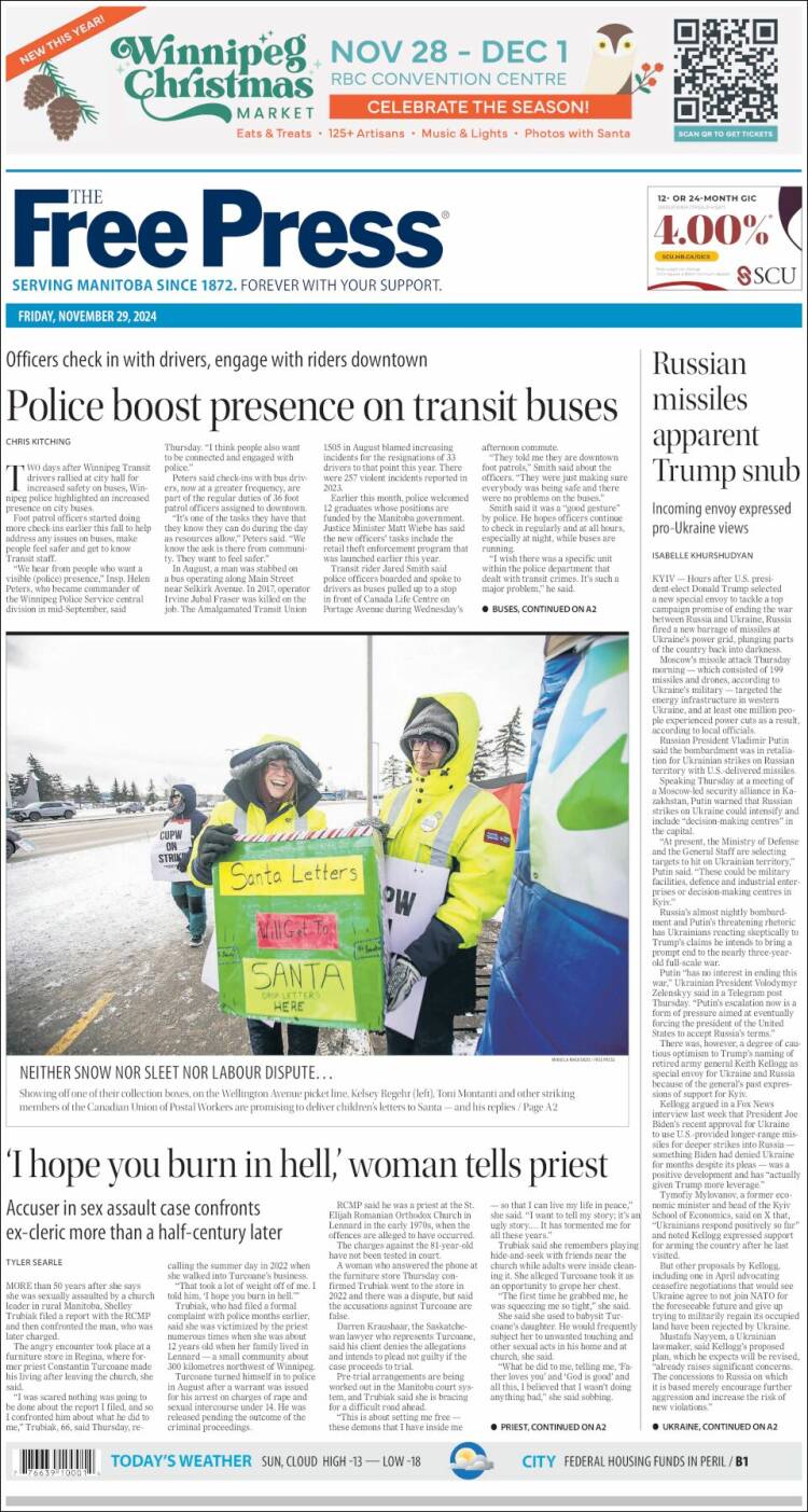 Portada de Winnipeg Free Press (Canadá)