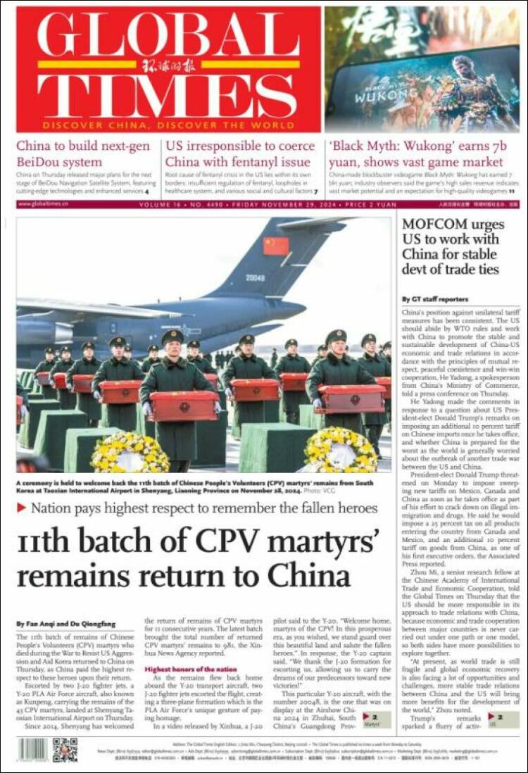 Portada de The Global Times (China)