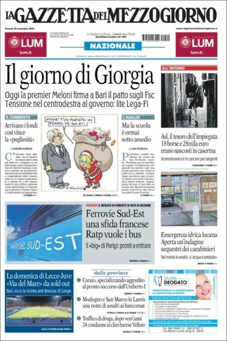 Portada de La Gazzetta del Mezzogiorno (Italia)