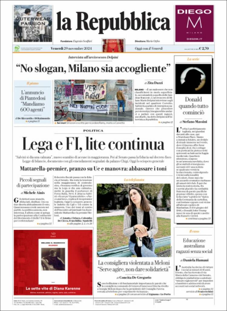 Portada de La Repubblica (Italia)