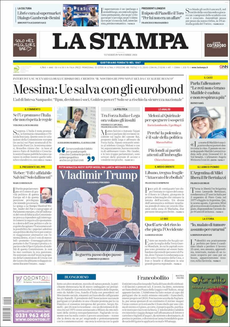 Portada de La Stampa (Italia)