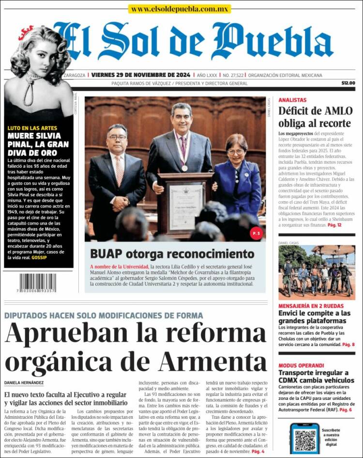 Portada de El Sol de Puebla (M&eacute;xico)