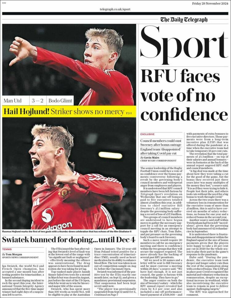 Portada de Telegraph Sport (Reino Unido)