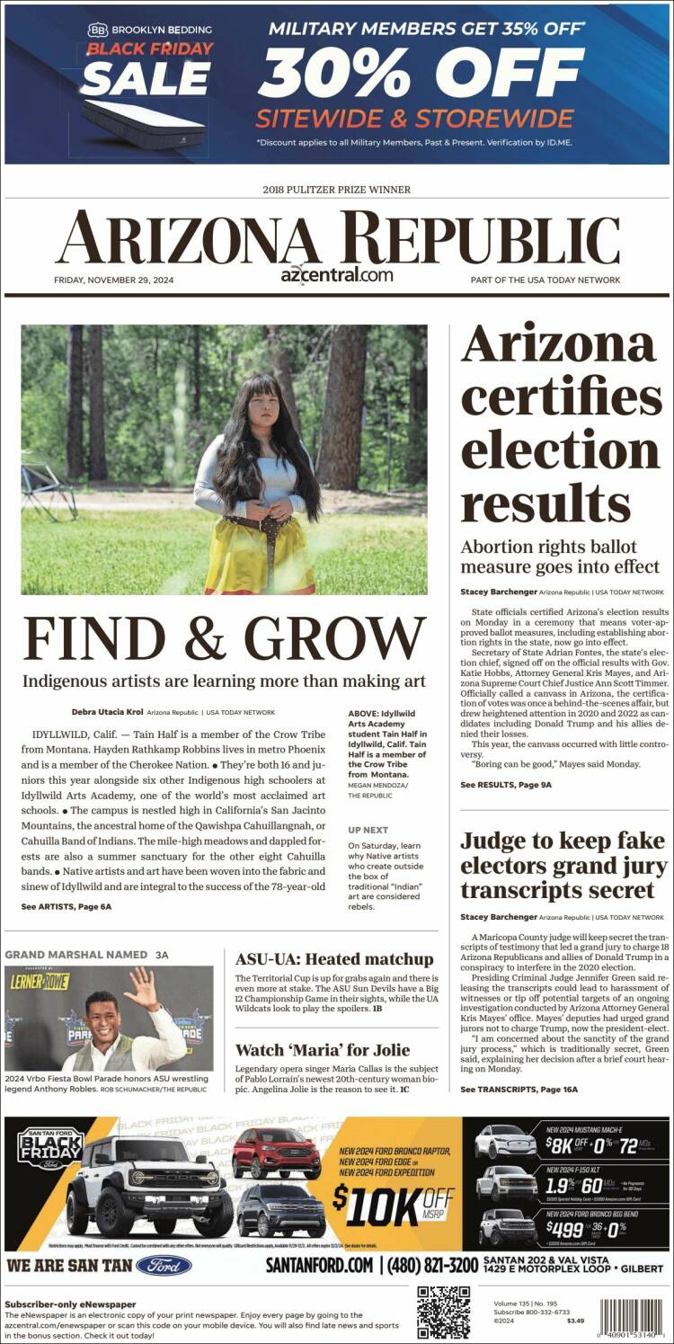 Portada de Arizona Republic News (USA)