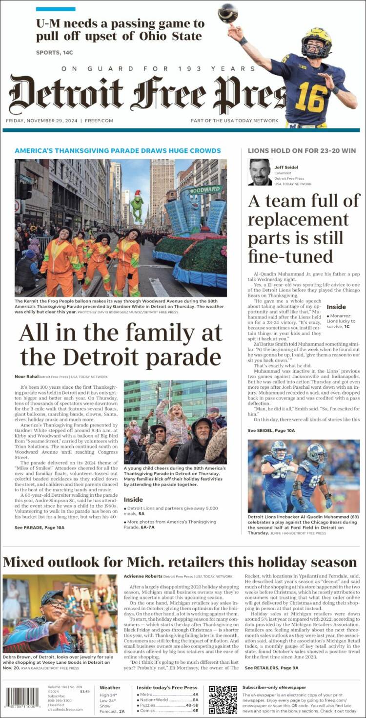 Portada de Detroit Free Press (USA)