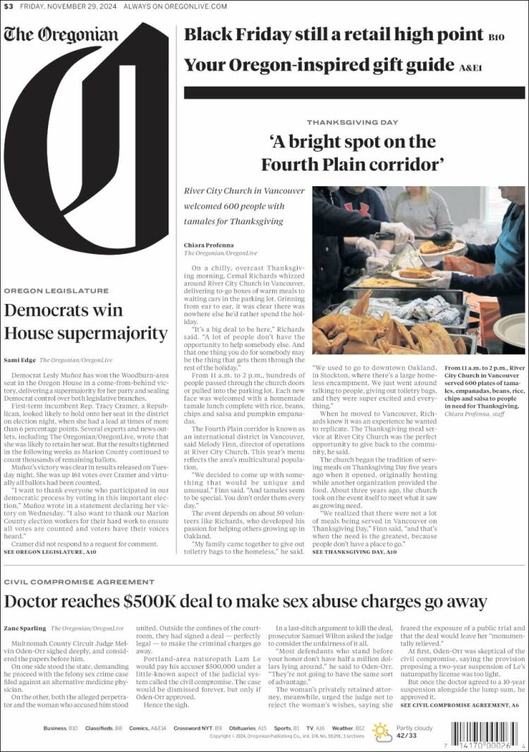 Portada de The Oregonian (USA)