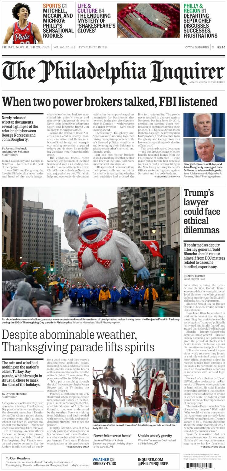 Portada de Philadelphia Inquirer (USA)