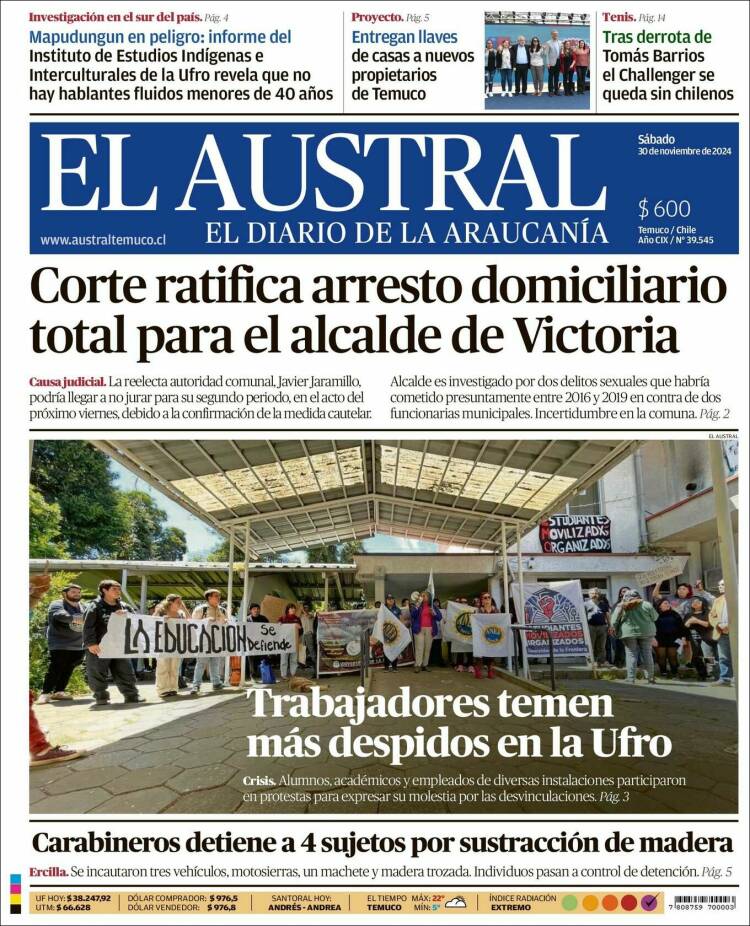Portada de El Austral de Temuco (Chile)