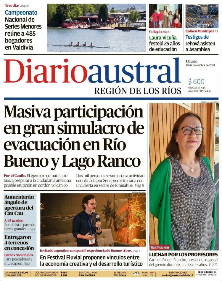 Portada de El Diario Austral de Valdivia (Chile)