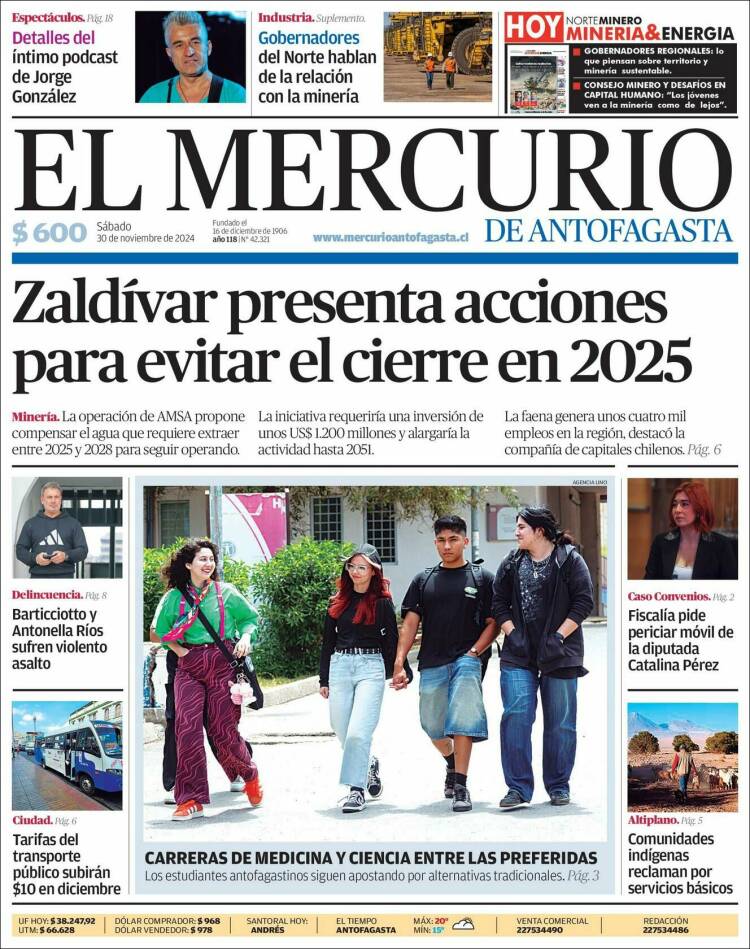 Portada de El Mercurio de Antofagasta (Chile)