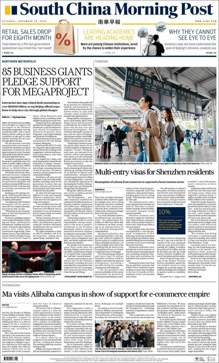 Portada de South China Morning Post (China)