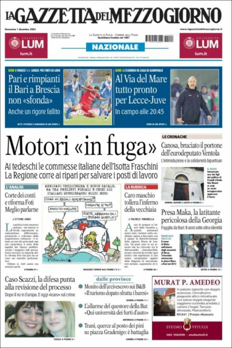 Portada de La Gazzetta del Mezzogiorno (Italia)