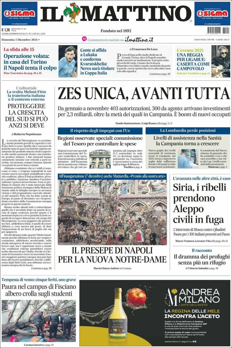 Portada de Il Mattino (Italia)