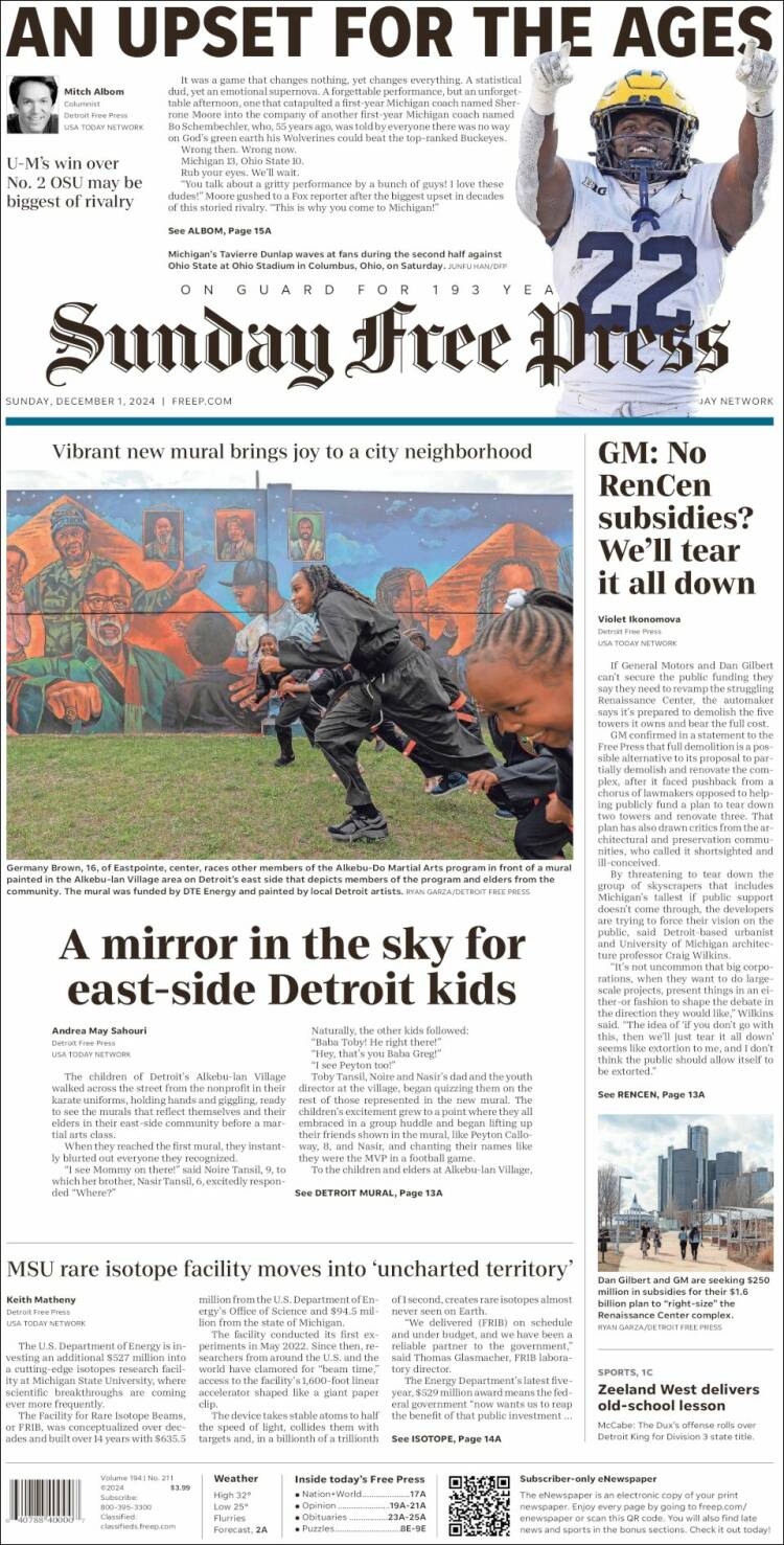 Portada de Detroit Free Press (USA)