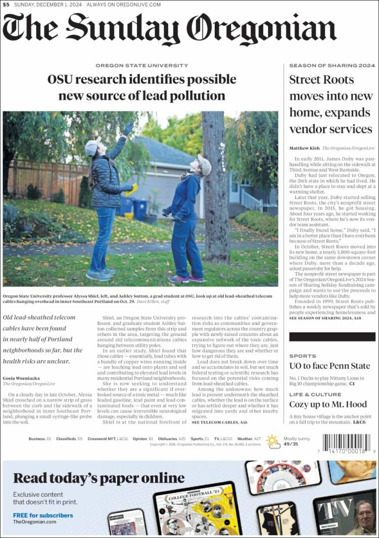 Portada de The Oregonian (USA)