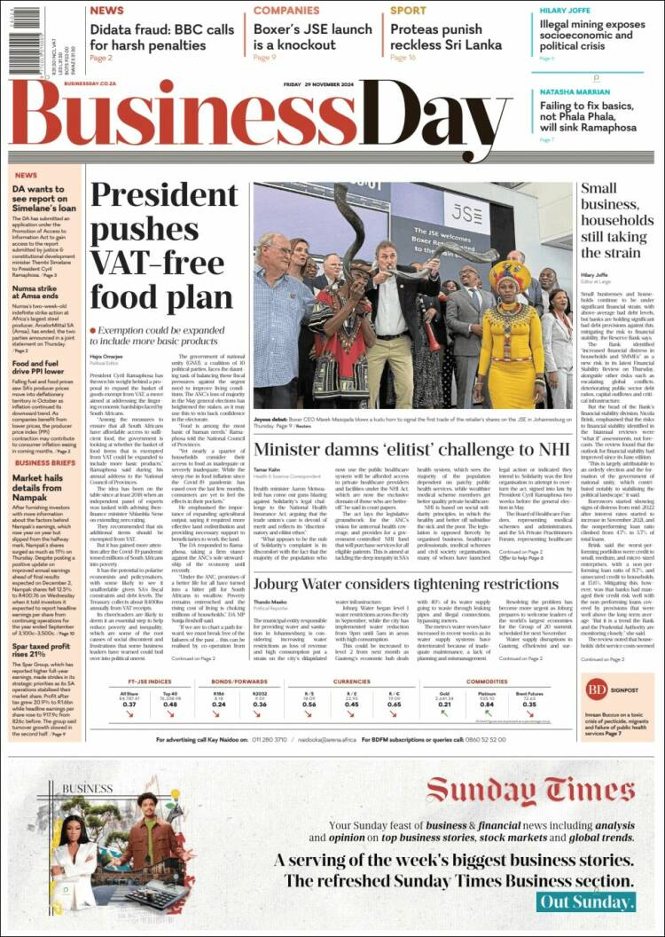 Portada de Business Day (Sud&aacute;frica)