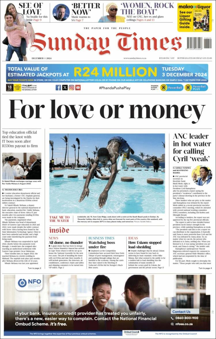 Portada de The Times (Sud&aacute;frica)